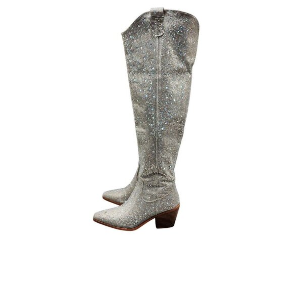 Rhinestone Embellished Silver Western Style Knee-High Boots Block Heel Size 6 - Picture 1 of 12